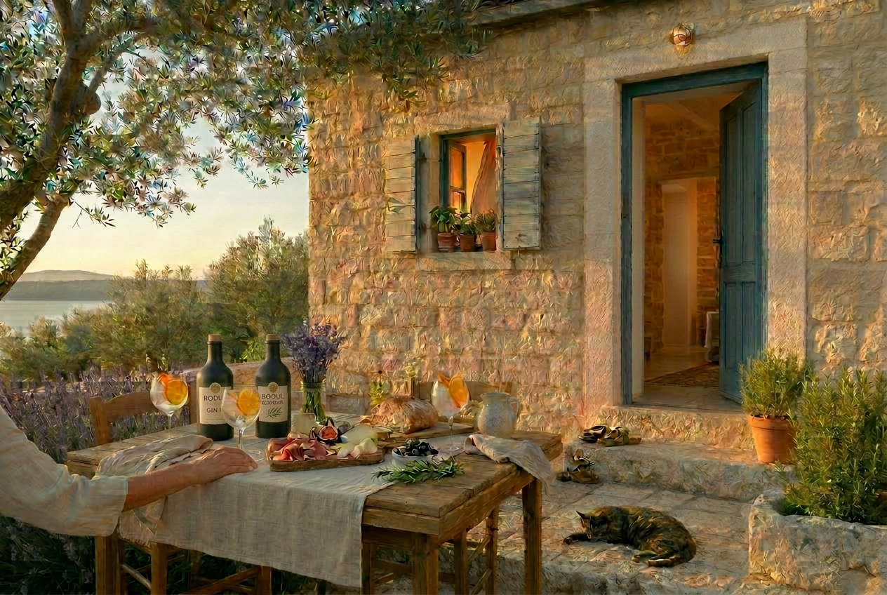 Innenraum eines dalmatinischen Steinhauses bei Dämmerung