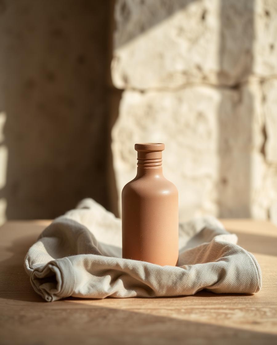 Handgefertigte Tonflasche auf Leinen im Morgenlicht
