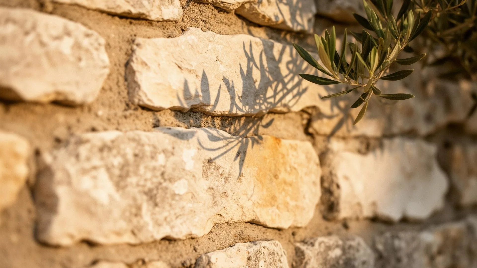 Sonnenlicht auf dalmatinischer Steinmauer mit Olivenzweig