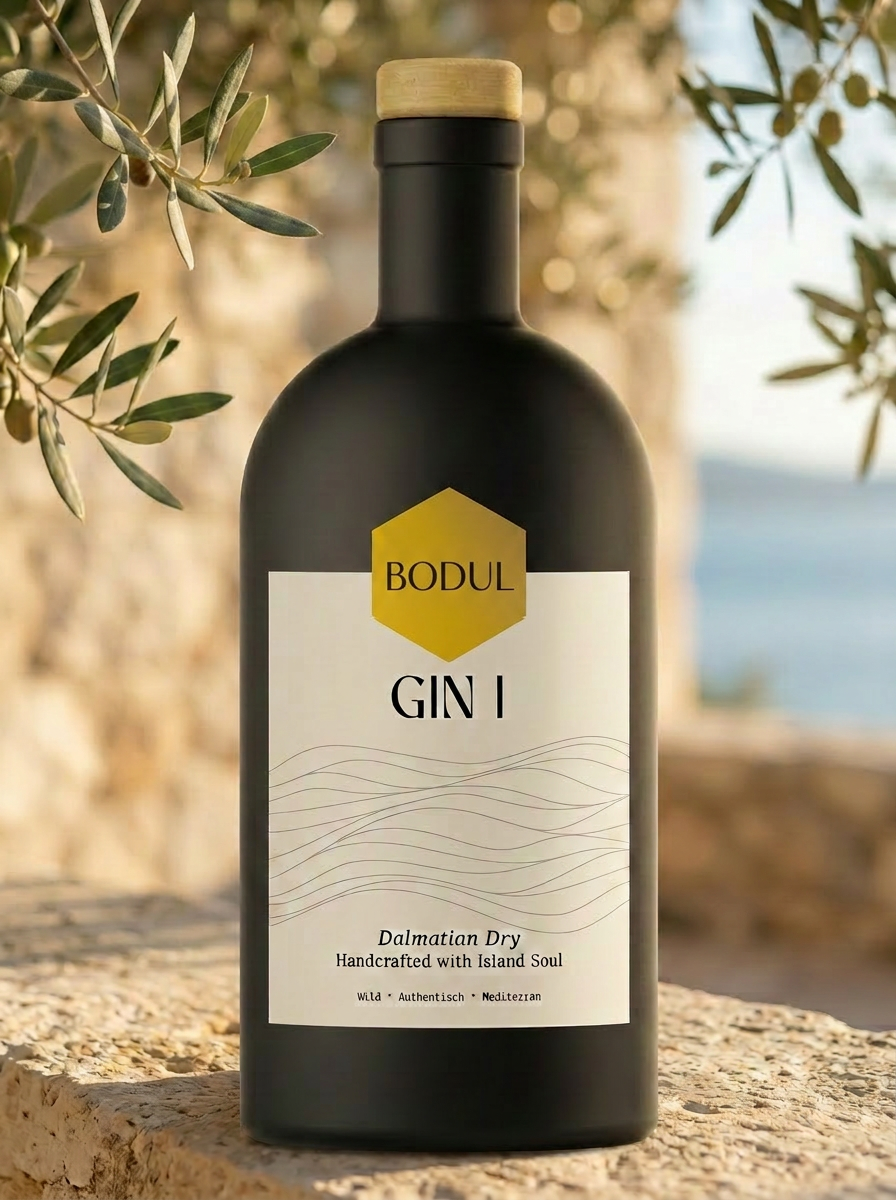 Bodul Gin I in schmaler Flasche umgeben von wilden Kräutern