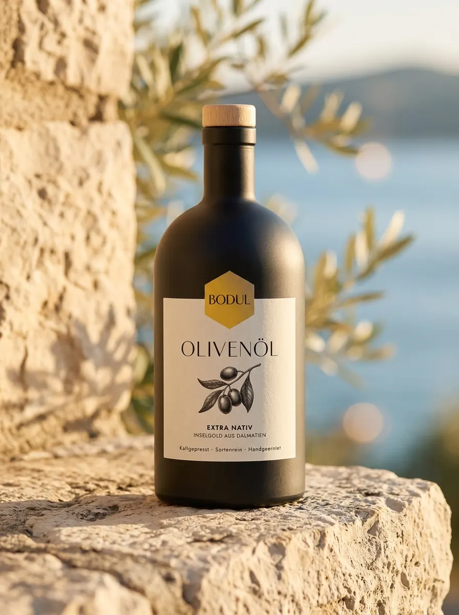 Tonflasche Olivenöl auf Kalksteinblock im Sonnenlicht