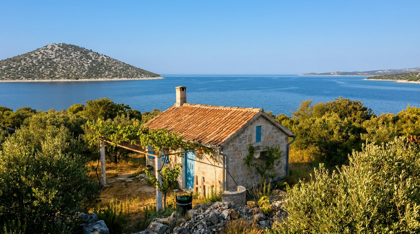 Altes dalmatinisches Steinhaus auf Terrassen über dem Meer